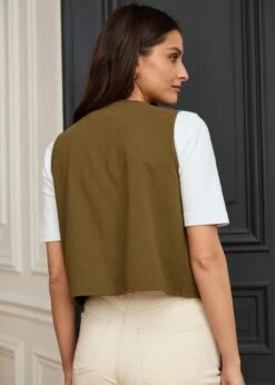 Veste Saphia -Motusboutique Soldes Motus Boutique Printemps Gilet Saphia Kaki Ecru 4