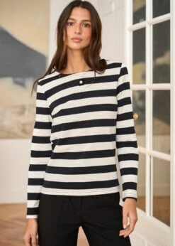 Pull Lola -Motusboutique Soldes Motus Boutique Pull Lola Raye Noir Ecru 1